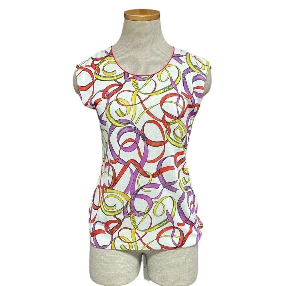 Escada Sport Top Ribbon Print Shirt Knit Open White Colorful Size Small S